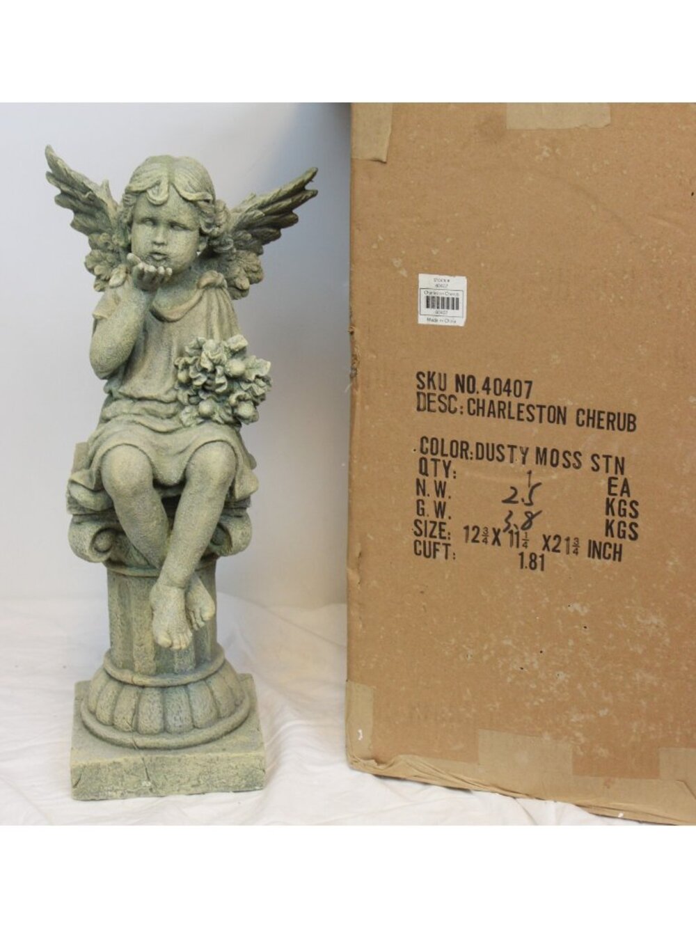 NIB Southern Living SLAH Charleston Cherub Statue Dusty Moss 22" Tall #40407